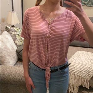 Short Sleeve Pink Stripped Tie Button Tee